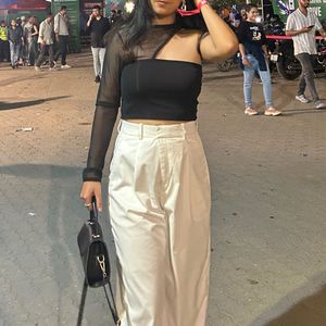 Sheer Sleeve One Shoulder Black Top