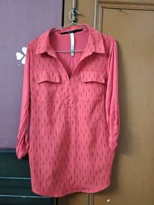 Red Casual Shirt with Pockets and Roll-Up Sleeves