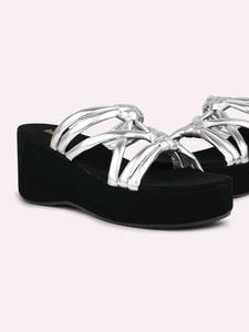 Women Silver Strapy Open Toe Wedge Heels With Knot