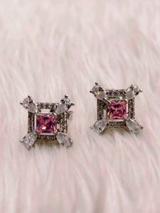 Pink Stone Stud Earrings 925 Silver Sterling
