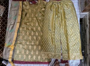 Elegant Golden Kurta pant dupatta Set