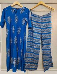 Blue printed Cotton Straight Kurta With Palazzos