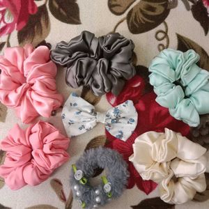 Women Scrunchies + Bow Clip