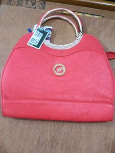 Red Handbag with Metal Handles