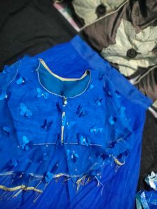 Blue Flower Mesh Top Lehnga  With Butterfly Blouse