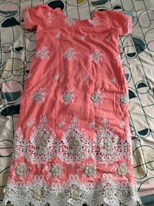 Peach Embroidered Kurta With Chikankari Pant