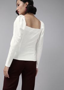 White Bishop Sleeves Crepe Top