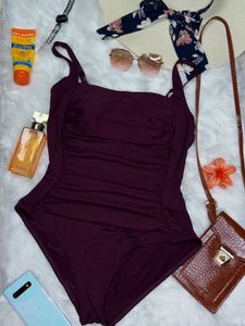 Ruched One-Piece Swimsuit - Elegant Plum