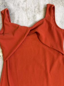 Orange Ribbed Bow-Front Bodycon Dress