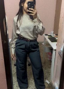 Grey Pleated Straight Fit Trousers