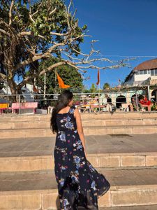 Navy Blue &amp; White Floral Print Tiered Maxi Dress