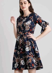 Women fit and flare navy blue floral dress