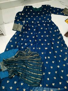 Teal Flore Length Gown With Pant N Dupatta