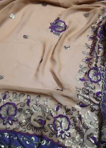 Beige &amp; Purple Embroidered  Saree Sequence Glam