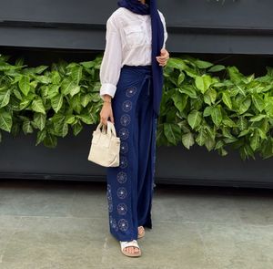 Navy Blue Boho Wrap Pants with Floral Embroidery
