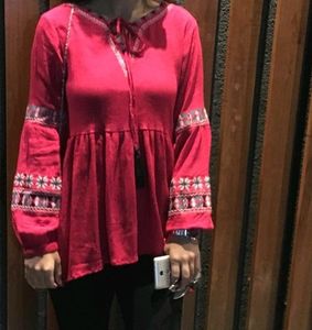 Red Peasant Blouse with Embroidered Sleeves