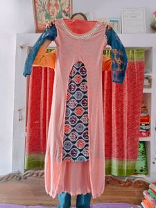 Pink And Blue Gown With 3/4 Sleeves