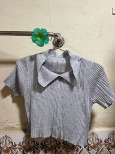 Gray Ribbed Knit Crop Top