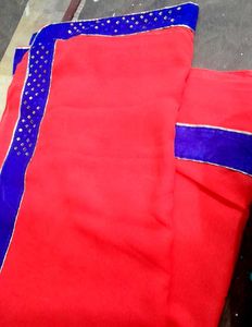 Red And Blue Border Plain Saree