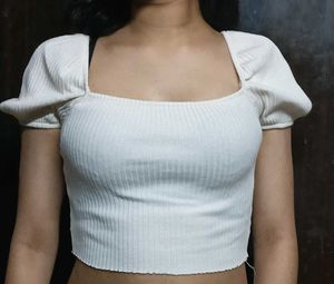 Cream Ribbed Puff Sleeve Top