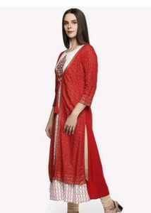 Red Gold Printed With False Jacket Style Kurti