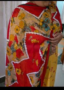 Floral Print Dupatta yellow red net