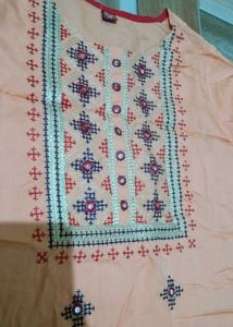 Peach Embroidered Kurta with Mirror Work