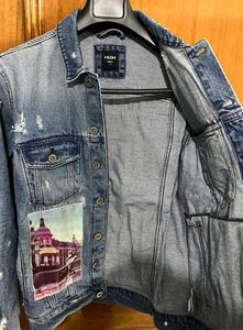 NUON PRINTED DISTRESSED BLUE  DENIM JACKET