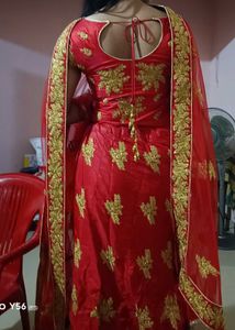Red &amp; Gold Lehenga Choli Set + Freebie
