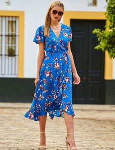 Floral V-Neck Ruffle Midi Wrap Dress