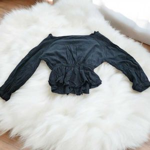 Navy Blue Smocked Peplum Top for Women