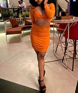 Bold Orange Bodycon Dress with ruched Sleeves