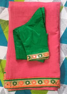 Peach Cotton Saree With Stitched Blouse
