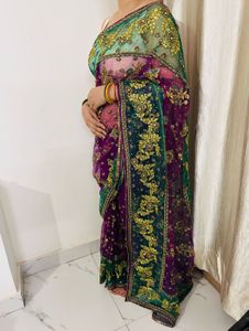 Regal Emerald Purple Embroidered Saree