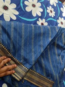 Blue Saree With Golden Line...