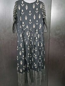 Black Foil Printed Dress With Front Chains
