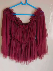 Women Maroon Net Trendy Peplum Top of Size L