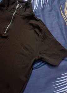Brown Zip-Up Crop Top