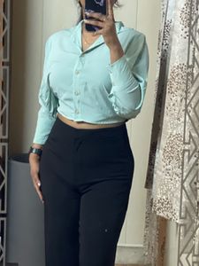 Mint Green Cropped Button-Up Shirt