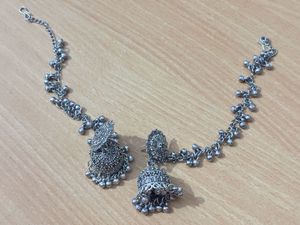 Oxidized Silver Jhumka Earrings with Chain