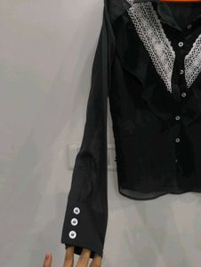 Elegant Black Shirt with White Lace Accent