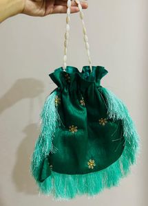 Emerald Green Floral Fringe Potli Bag