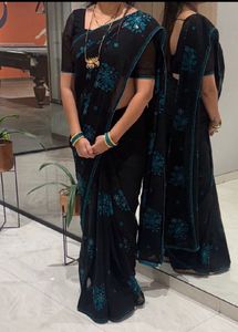 Embroidered Black & Teal Blue Saree