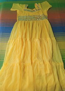 Elegant Yellow Mirror Work Gown – XXL Size