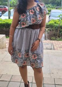 Striped Floral One-Shoulder Dress