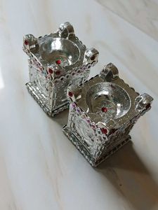 Silver Plated Swastik Unique Diya Set