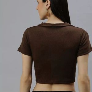 Brown Ribbed Crop Polo Top