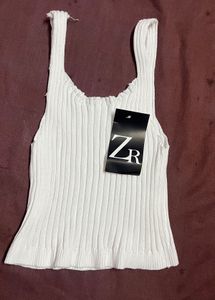Zara White Ribbed Tank Top Free Size
