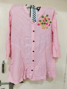 Peach Colour Shirt With Embroidery Flower Design