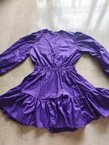 New Short Flared Puff Sleeved Purple Dress
